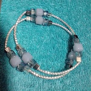 Elegant Silver and Blue Beaded Stretch Bracelet Set Of 2